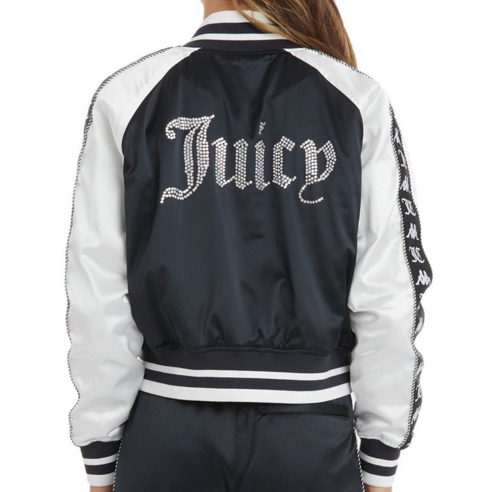 $312 Juicy Couture x Kappa Crystal Europa Satin Logo Bomber Jacket Rhinestones